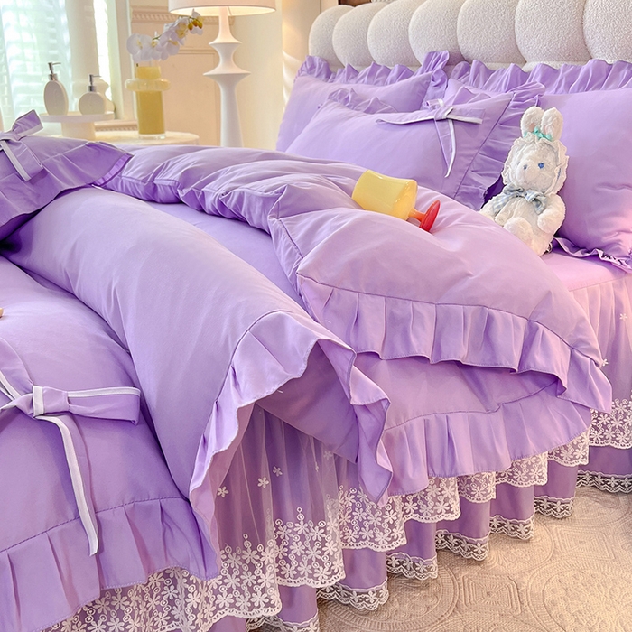 91家纺网 家纺一手货源 找家纺 后庭寝室 2025新款亲肤舒适柔软亲肤花边蝴蝶结四件套-如愿 如愿-浅紫