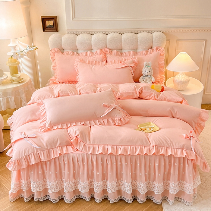 91家纺网 家纺一手货源 找家纺 后庭寝室 2025新款亲肤舒适柔软亲肤花边蝴蝶结四件套-如愿 如愿-玉色