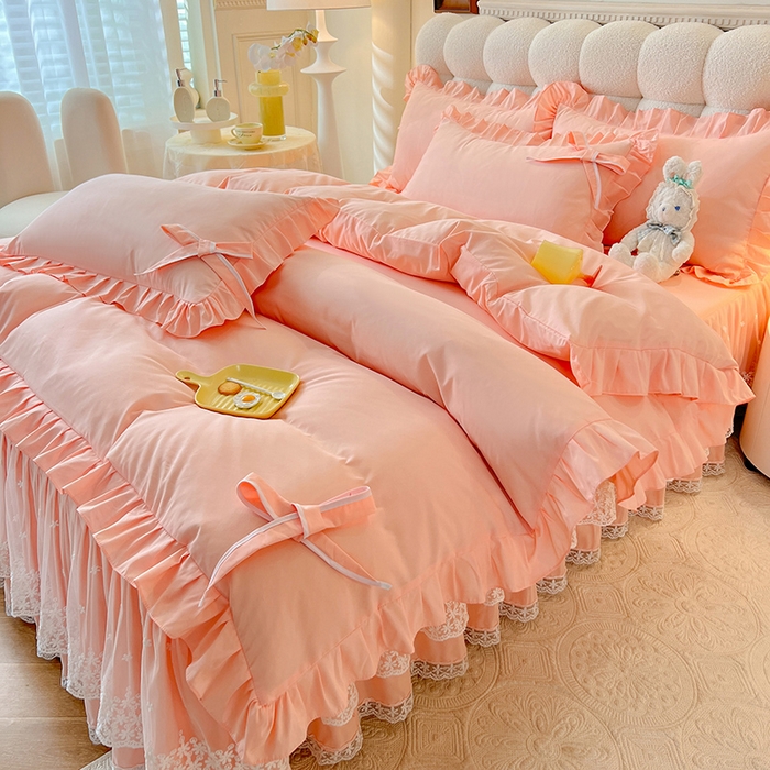 91家纺网 家纺一手货源 找家纺 后庭寝室 2025新款亲肤舒适柔软亲肤花边蝴蝶结四件套-如愿 如愿-玉色