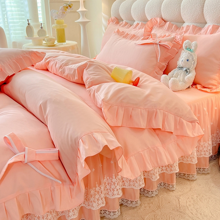 91家纺网 家纺一手货源 找家纺 后庭寝室 2025新款亲肤舒适柔软亲肤花边蝴蝶结四件套-如愿 如愿-玉色