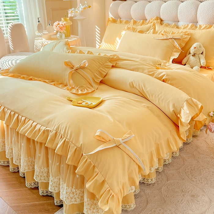 91家纺网 家纺一手货源 找家纺 后庭寝室 2025新款亲肤舒适柔软亲肤花边蝴蝶结四件套-如愿 如愿-嫩黄