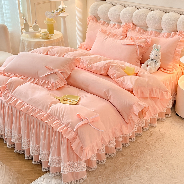 91家纺网 家纺一手货源 找家纺 后庭寝室 2025新款亲肤舒适柔软亲肤花边蝴蝶结四件套-如愿 如愿-玉色