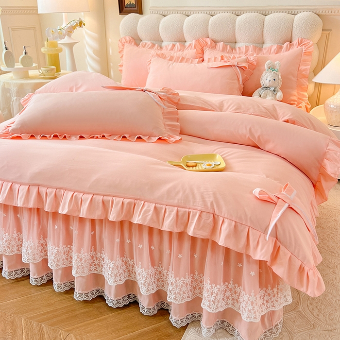 91家纺网 家纺一手货源 找家纺 后庭寝室 2025新款亲肤舒适柔软亲肤花边蝴蝶结四件套-如愿 如愿-玉色