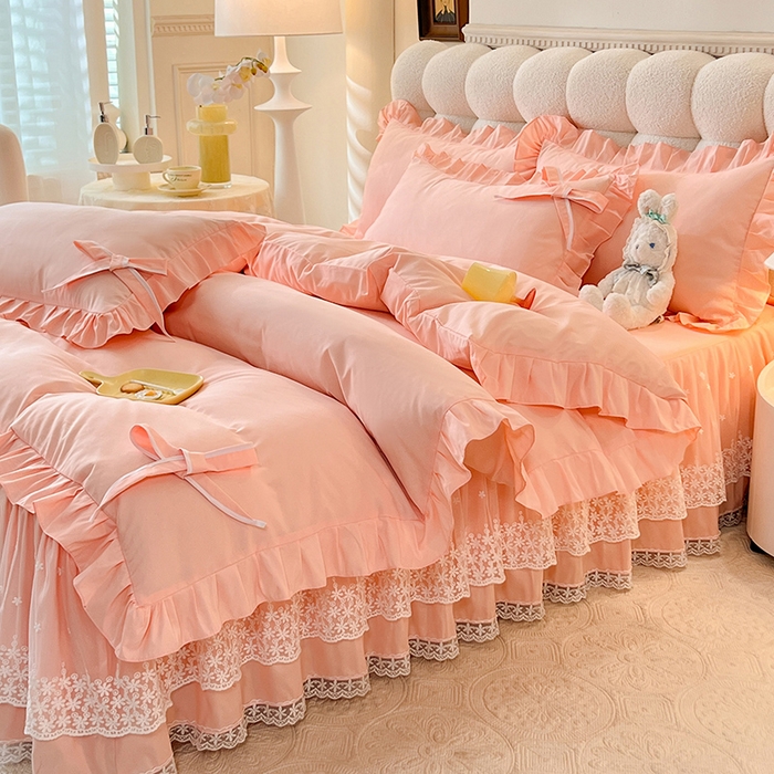 91家纺网 家纺一手货源 找家纺 后庭寝室 2025新款亲肤舒适柔软亲肤花边蝴蝶结四件套-如愿 如愿-玉色