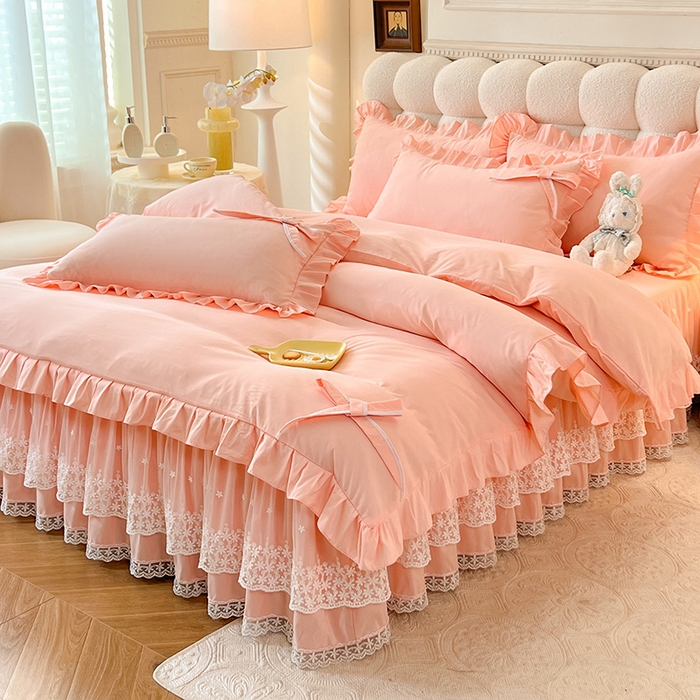 91家纺网 家纺一手货源 找家纺 后庭寝室 2025新款亲肤舒适柔软亲肤花边蝴蝶结四件套-如愿 如愿-玉色