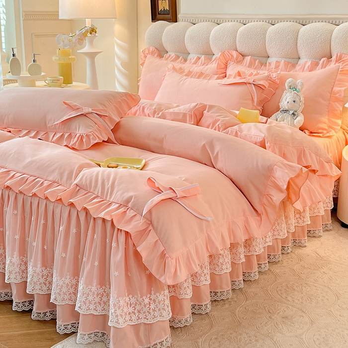 91家纺网 家纺一手货源 找家纺 后庭寝室 2025新款亲肤舒适柔软亲肤花边蝴蝶结四件套-如愿 如愿-玉色