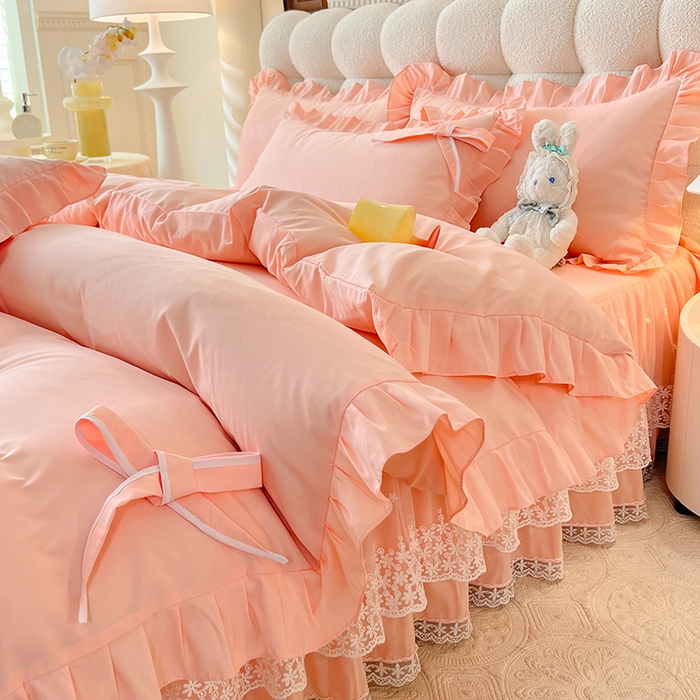 91家纺网 家纺一手货源 找家纺 后庭寝室 2025新款亲肤舒适柔软亲肤花边蝴蝶结四件套-如愿 如愿-玉色