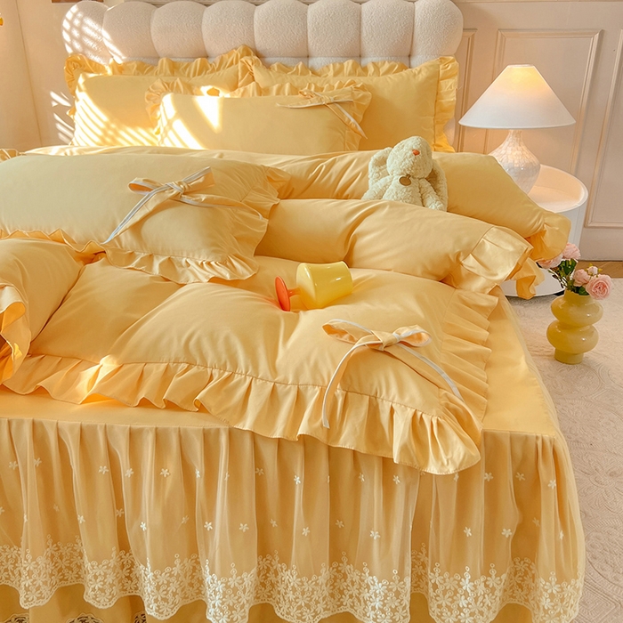 91家纺网 家纺一手货源 找家纺 后庭寝室 2025新款亲肤舒适柔软亲肤花边蝴蝶结四件套-如愿 如愿-嫩黄