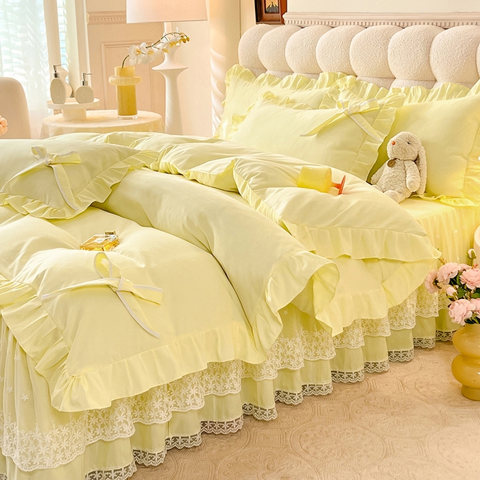 91家纺网 家纺一手货源 找家纺 后庭寝室 2025新款亲肤舒适柔软亲肤花边蝴蝶结四件套-如愿 如愿-米黄