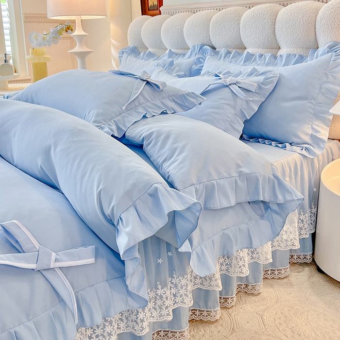 91家纺网 家纺一手货源 找家纺 后庭寝室 2025新款亲肤舒适柔软亲肤花边蝴蝶结四件套-如愿 如愿-浅蓝