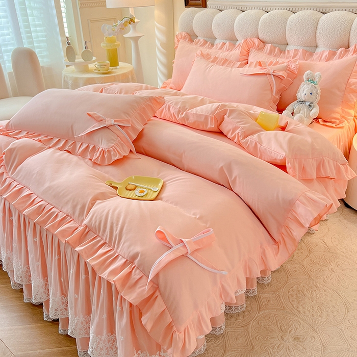 91家纺网 家纺一手货源 找家纺 后庭寝室 2025新款亲肤舒适柔软亲肤花边蝴蝶结四件套-如愿 如愿-玉色