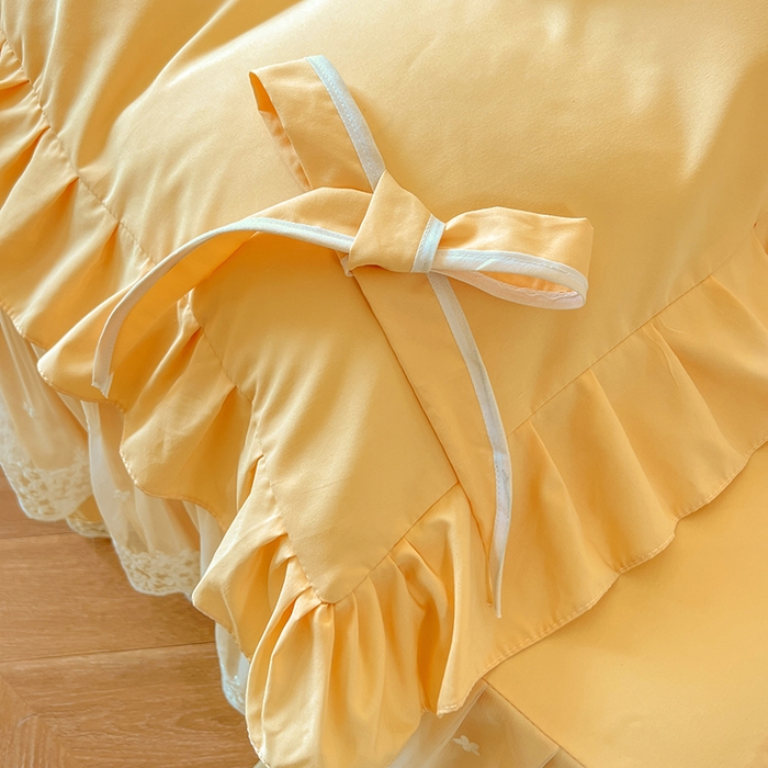 91家纺网 家纺一手货源 找家纺 后庭寝室 2025新款亲肤舒适柔软亲肤花边蝴蝶结四件套-如愿 如愿-嫩黄
