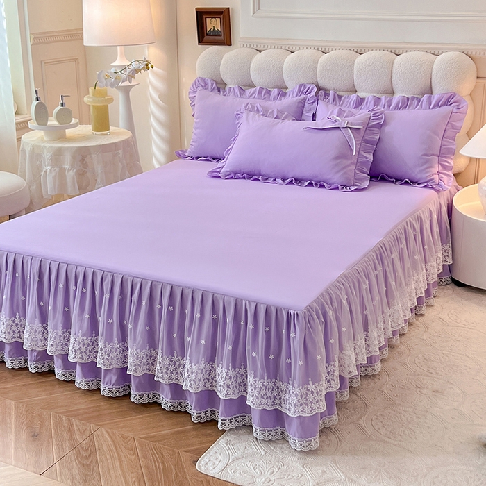 91家纺网 家纺一手货源 找家纺 后庭寝室 2025新款亲肤舒适柔软亲肤花边蝴蝶结四件套-如愿 如愿-浅紫