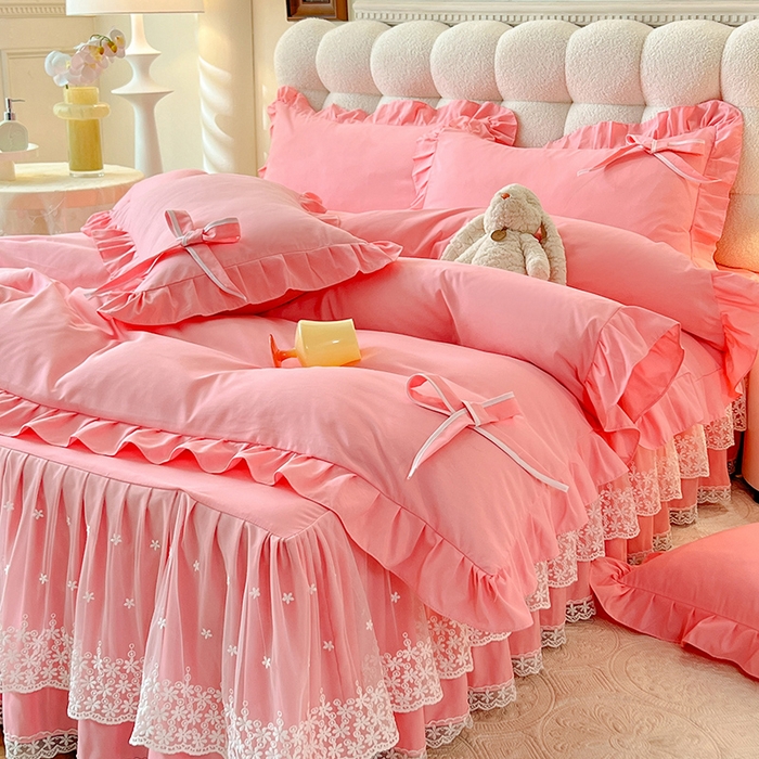 91家纺网 家纺一手货源 找家纺 后庭寝室 2025新款亲肤舒适柔软亲肤花边蝴蝶结四件套-如愿 如愿-粉玉