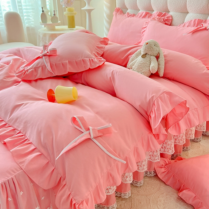 91家纺网 家纺一手货源 找家纺 后庭寝室 2025新款亲肤舒适柔软亲肤花边蝴蝶结四件套-如愿 如愿-粉玉