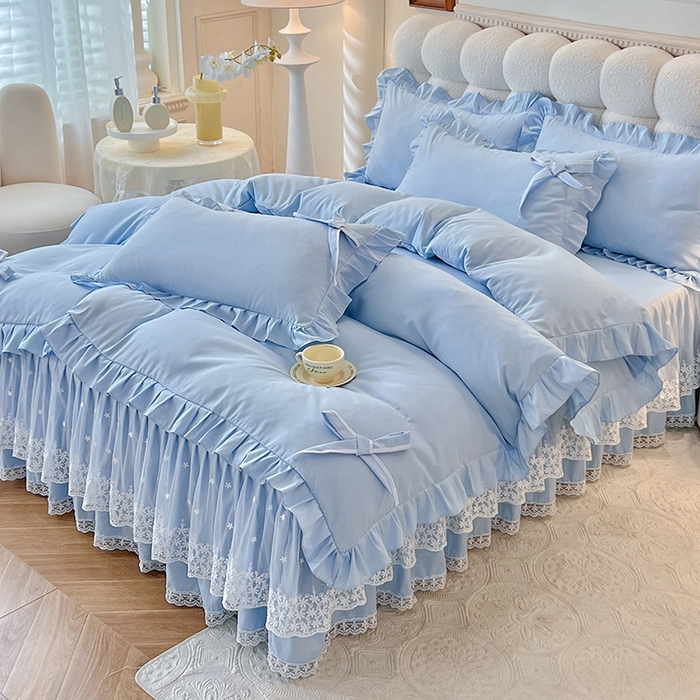 91家纺网 家纺一手货源 找家纺 后庭寝室 2025新款亲肤舒适柔软亲肤花边蝴蝶结四件套-如愿 如愿-浅蓝