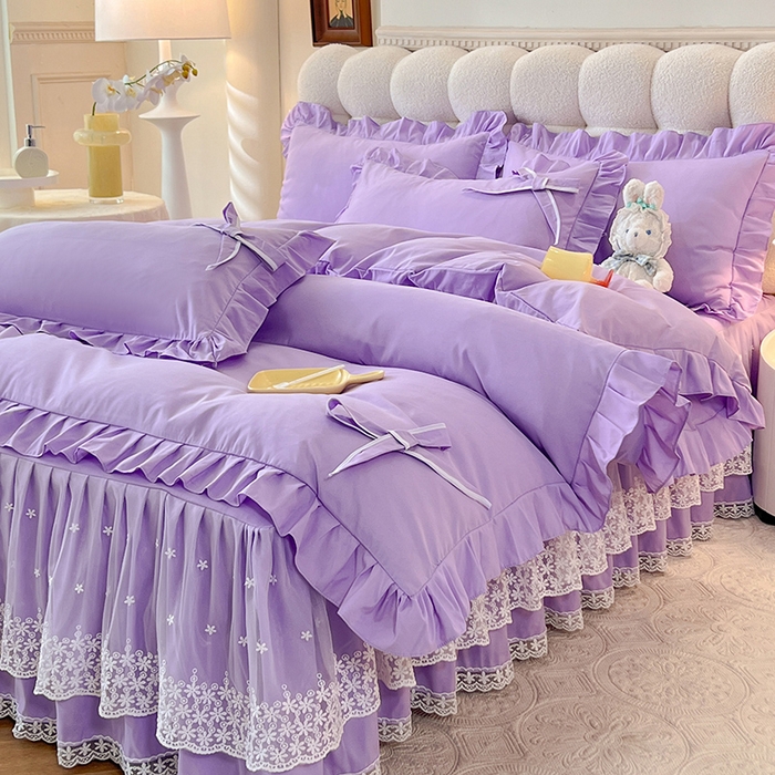91家纺网 家纺一手货源 找家纺 后庭寝室 2025新款亲肤舒适柔软亲肤花边蝴蝶结四件套-如愿 如愿-浅紫