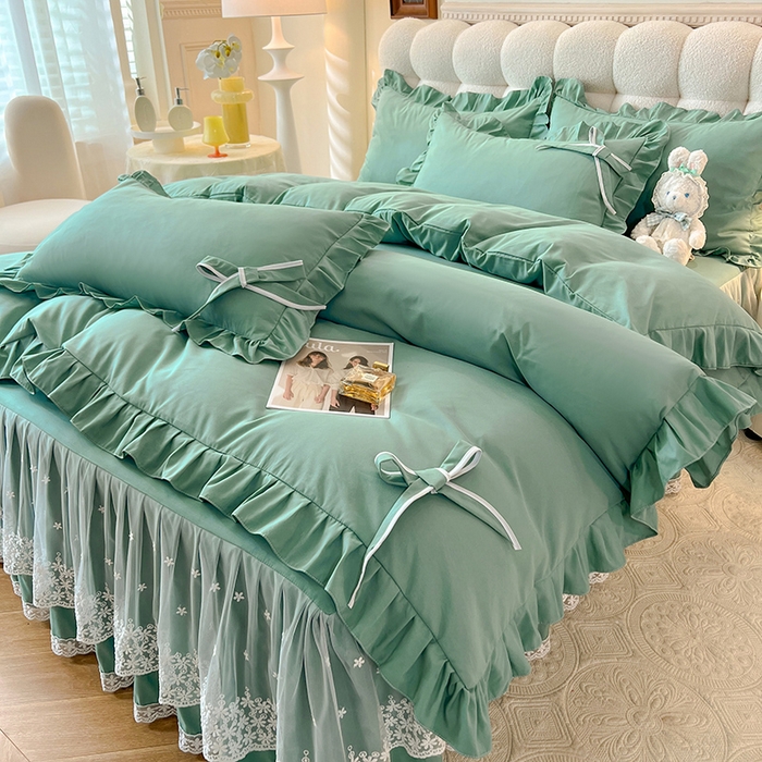 91家纺网 家纺一手货源 找家纺 后庭寝室 2025新款亲肤舒适柔软亲肤花边蝴蝶结四件套-如愿 如愿-绿色