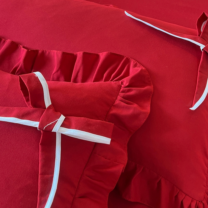 91家纺网 家纺一手货源 找家纺 后庭寝室 2025新款亲肤舒适柔软亲肤花边蝴蝶结四件套-如愿 如愿-酒红