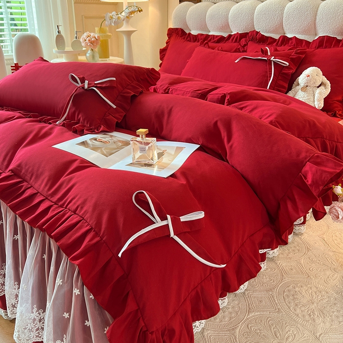 91家纺网 家纺一手货源 找家纺 后庭寝室 2025新款亲肤舒适柔软亲肤花边蝴蝶结四件套-如愿 如愿-酒红