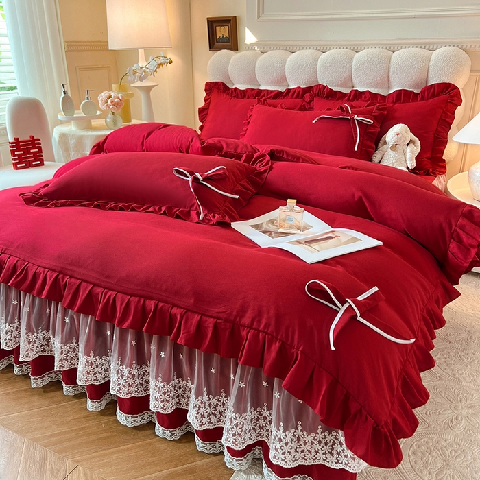 91家纺网 家纺一手货源 找家纺 后庭寝室 2025新款亲肤舒适柔软亲肤花边蝴蝶结四件套-如愿 如愿-酒红