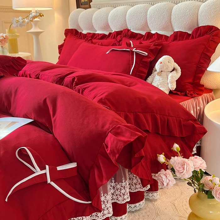 91家纺网 家纺一手货源 找家纺 后庭寝室 2025新款亲肤舒适柔软亲肤花边蝴蝶结四件套-如愿 如愿-酒红