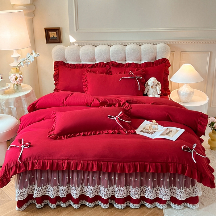 91家纺网 家纺一手货源 找家纺 后庭寝室 2025新款亲肤舒适柔软亲肤花边蝴蝶结四件套-如愿 如愿-酒红