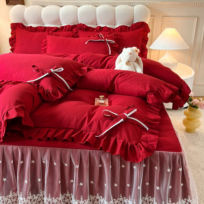 91家纺网 家纺一手货源 找家纺 后庭寝室 2025新款亲肤舒适柔软亲肤花边蝴蝶结四件套-如愿 如愿-酒红