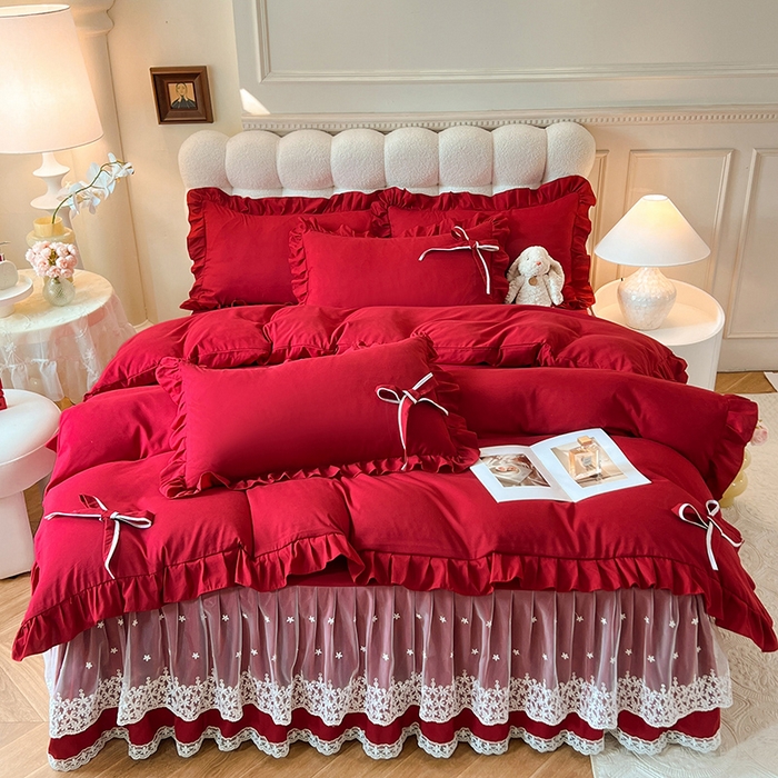 91家纺网 家纺一手货源 找家纺 后庭寝室 2025新款亲肤舒适柔软亲肤花边蝴蝶结四件套-如愿 如愿-酒红