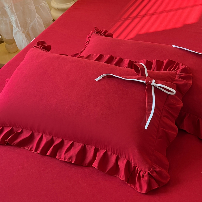 91家纺网 家纺一手货源 找家纺 后庭寝室 2025新款亲肤舒适柔软亲肤花边蝴蝶结四件套-如愿 如愿-酒红