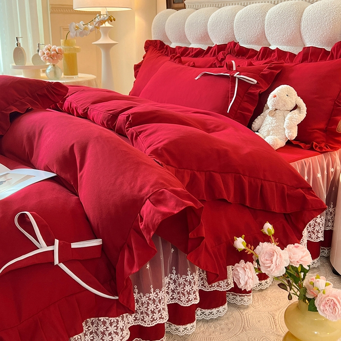 91家纺网 家纺一手货源 找家纺 后庭寝室 2025新款亲肤舒适柔软亲肤花边蝴蝶结四件套-如愿 如愿-酒红