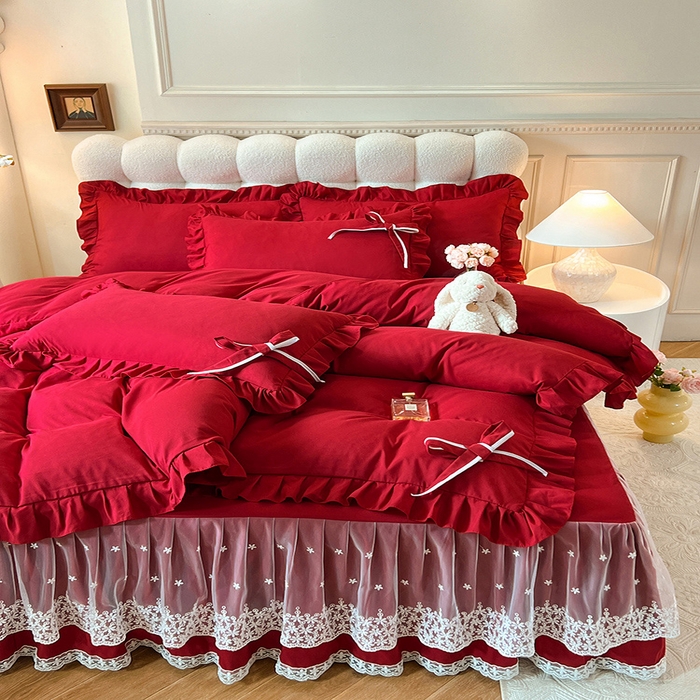 91家纺网 家纺一手货源 找家纺 后庭寝室 2025新款亲肤舒适柔软亲肤花边蝴蝶结四件套-如愿 如愿-酒红