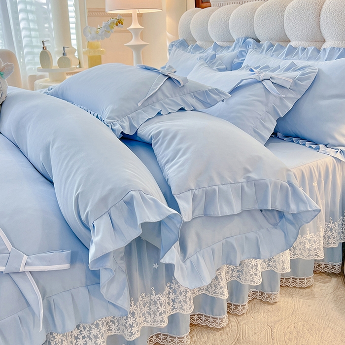 91家纺网 家纺一手货源 找家纺 （总）后庭寝室 2025新款亲肤舒适柔软亲肤花边蝴蝶结四件套-如愿