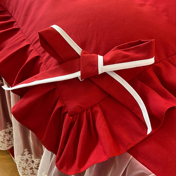 91家纺网 家纺一手货源 找家纺 后庭寝室 2025新款亲肤舒适柔软亲肤花边蝴蝶结四件套-如愿 如愿-酒红