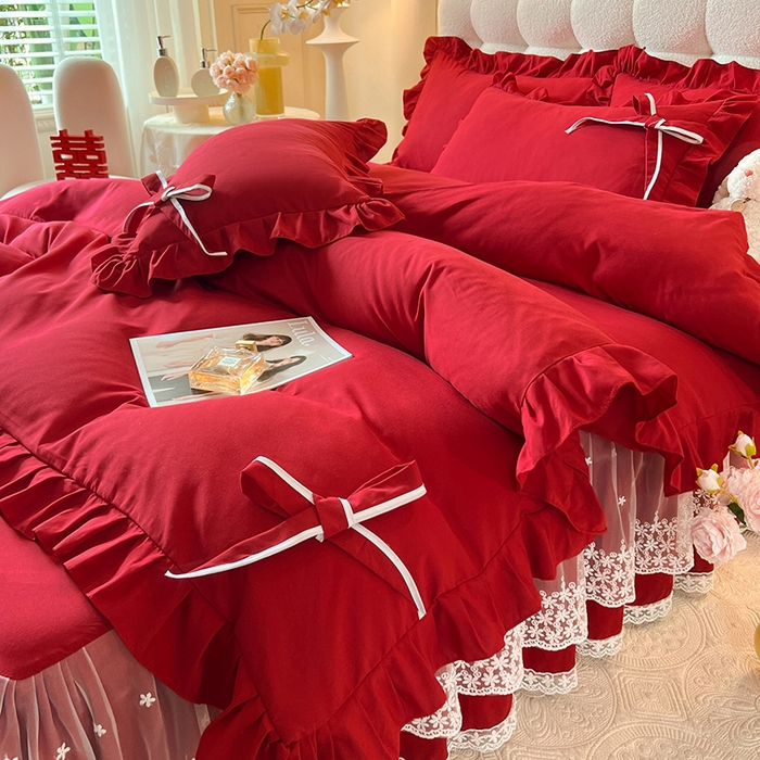 91家纺网 家纺一手货源 找家纺 后庭寝室 2025新款亲肤舒适柔软亲肤花边蝴蝶结四件套-如愿 如愿-酒红