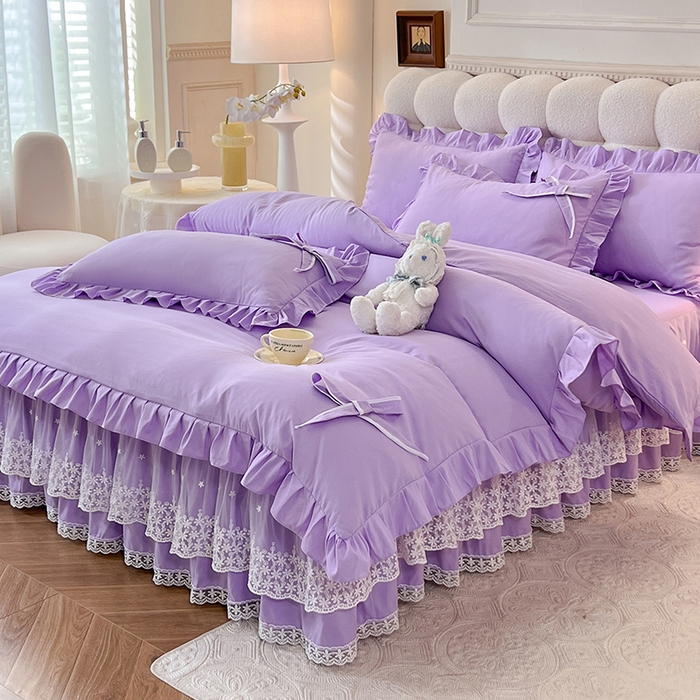 91家纺网 家纺一手货源 找家纺 后庭寝室 2025新款亲肤舒适柔软亲肤花边蝴蝶结四件套-如愿 如愿-浅紫