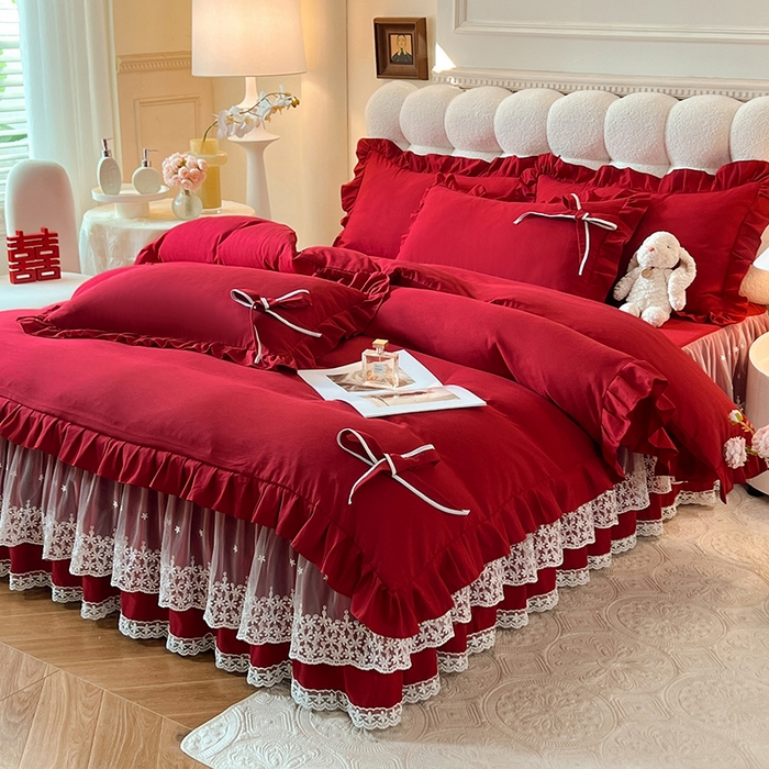 91家纺网 家纺一手货源 找家纺 后庭寝室 2025新款亲肤舒适柔软亲肤花边蝴蝶结四件套-如愿 如愿-酒红