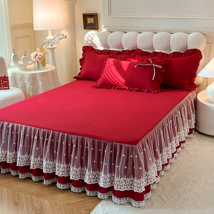 91家纺网 家纺一手货源 找家纺 后庭寝室 2025新款亲肤舒适柔软亲肤花边蝴蝶结四件套-如愿 如愿-酒红