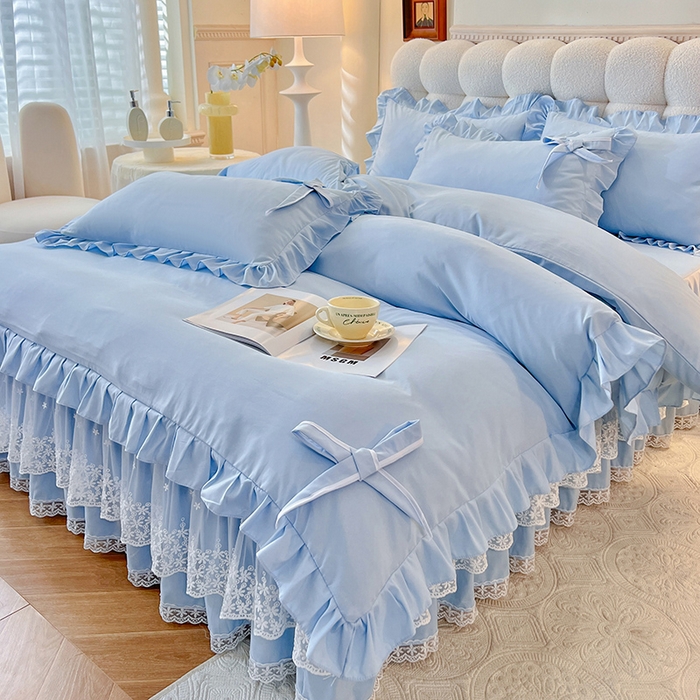 91家纺网 家纺一手货源 找家纺 （总）后庭寝室 2025新款亲肤舒适柔软亲肤花边蝴蝶结四件套-如愿