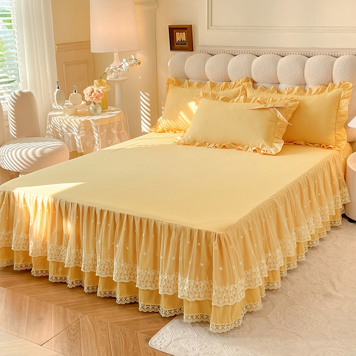 91家纺网 家纺一手货源 找家纺 后庭寝室 2025新款亲肤舒适柔软亲肤花边蝴蝶结四件套-如愿 如愿-嫩黄