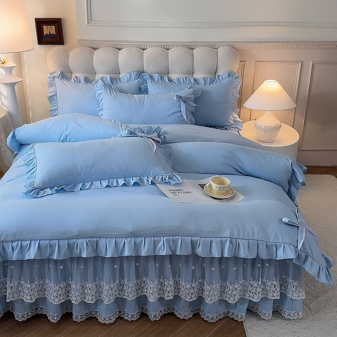 91家纺网 家纺一手货源 找家纺 后庭寝室 2025新款亲肤舒适柔软亲肤花边蝴蝶结四件套-如愿 如愿-浅蓝