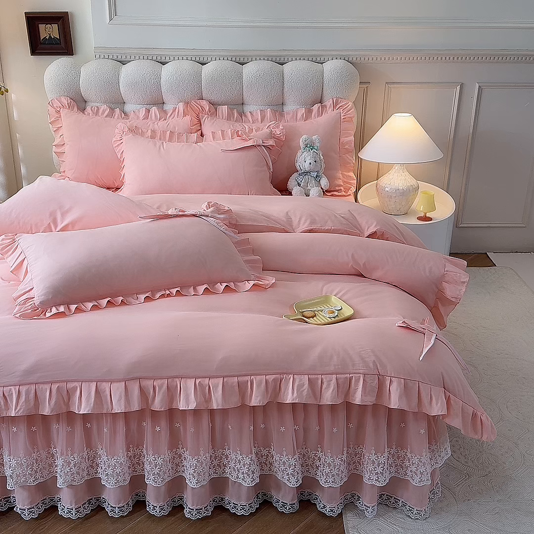 91家纺网 家纺一手货源 找家纺 后庭寝室 2025新款亲肤舒适柔软亲肤花边蝴蝶结四件套-如愿 如愿-玉色