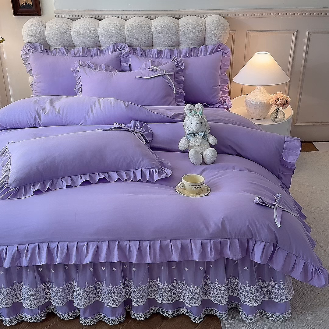 91家纺网 家纺一手货源 找家纺 后庭寝室 2025新款亲肤舒适柔软亲肤花边蝴蝶结四件套-如愿 如愿-浅紫