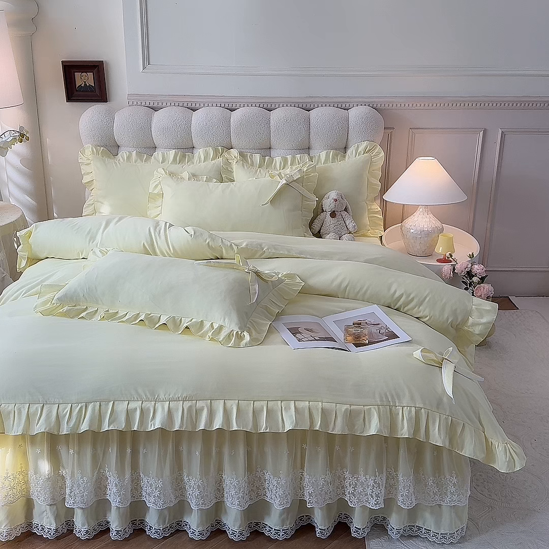 91家纺网 家纺一手货源 找家纺 后庭寝室 2025新款亲肤舒适柔软亲肤花边蝴蝶结四件套-如愿 如愿-米黄