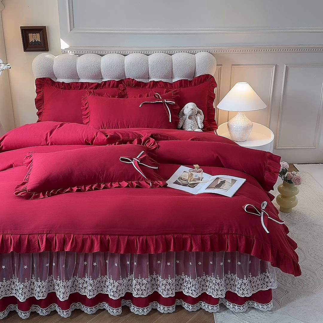 91家纺网 家纺一手货源 找家纺 后庭寝室 2025新款亲肤舒适柔软亲肤花边蝴蝶结四件套-如愿 如愿-酒红