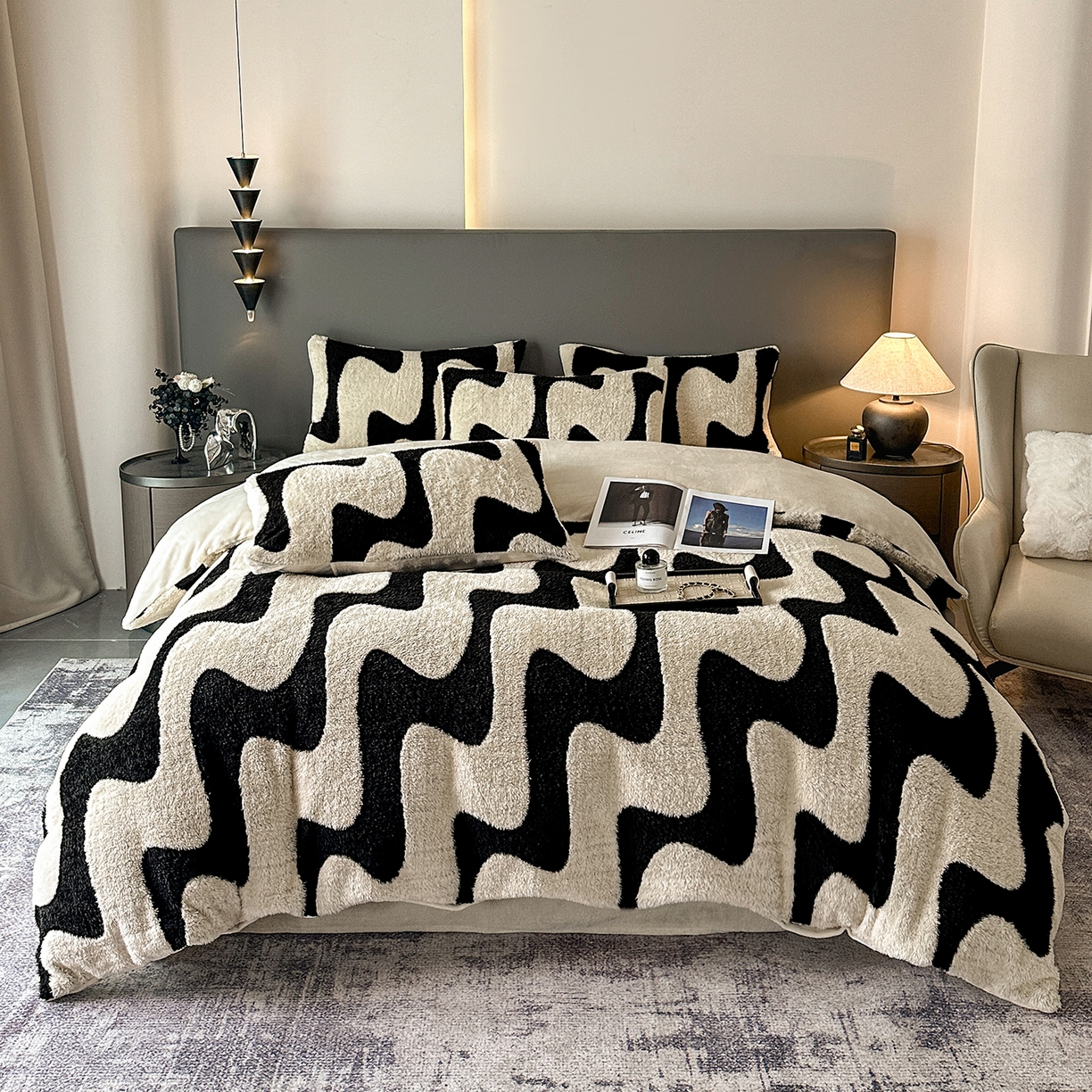 七七家纺 2025新款牛奶绒微米绒毛绒保暖四件套-墨画系列 墨韵涟漪