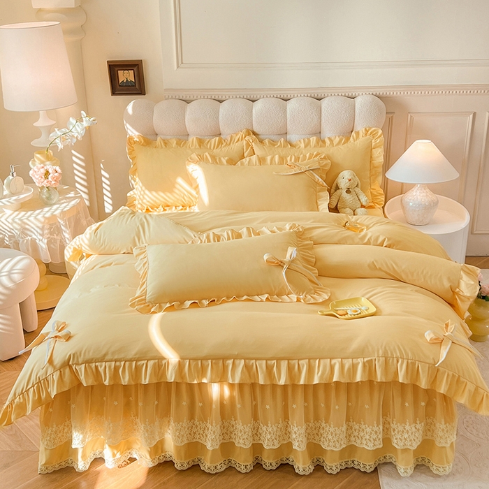 91家纺网 家纺一手货源 找家纺 后庭寝室 2025新款亲肤舒适柔软亲肤花边蝴蝶结四件套-如愿 如愿-嫩黄