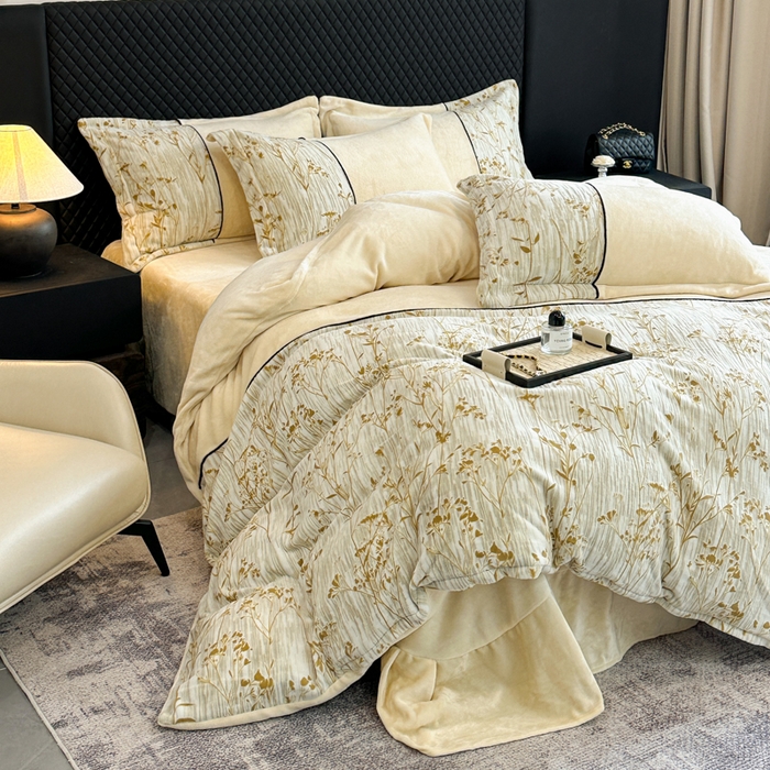 诺梵家纺 2025新款拼接雕花牛奶绒四件套 纤枝逸-黄