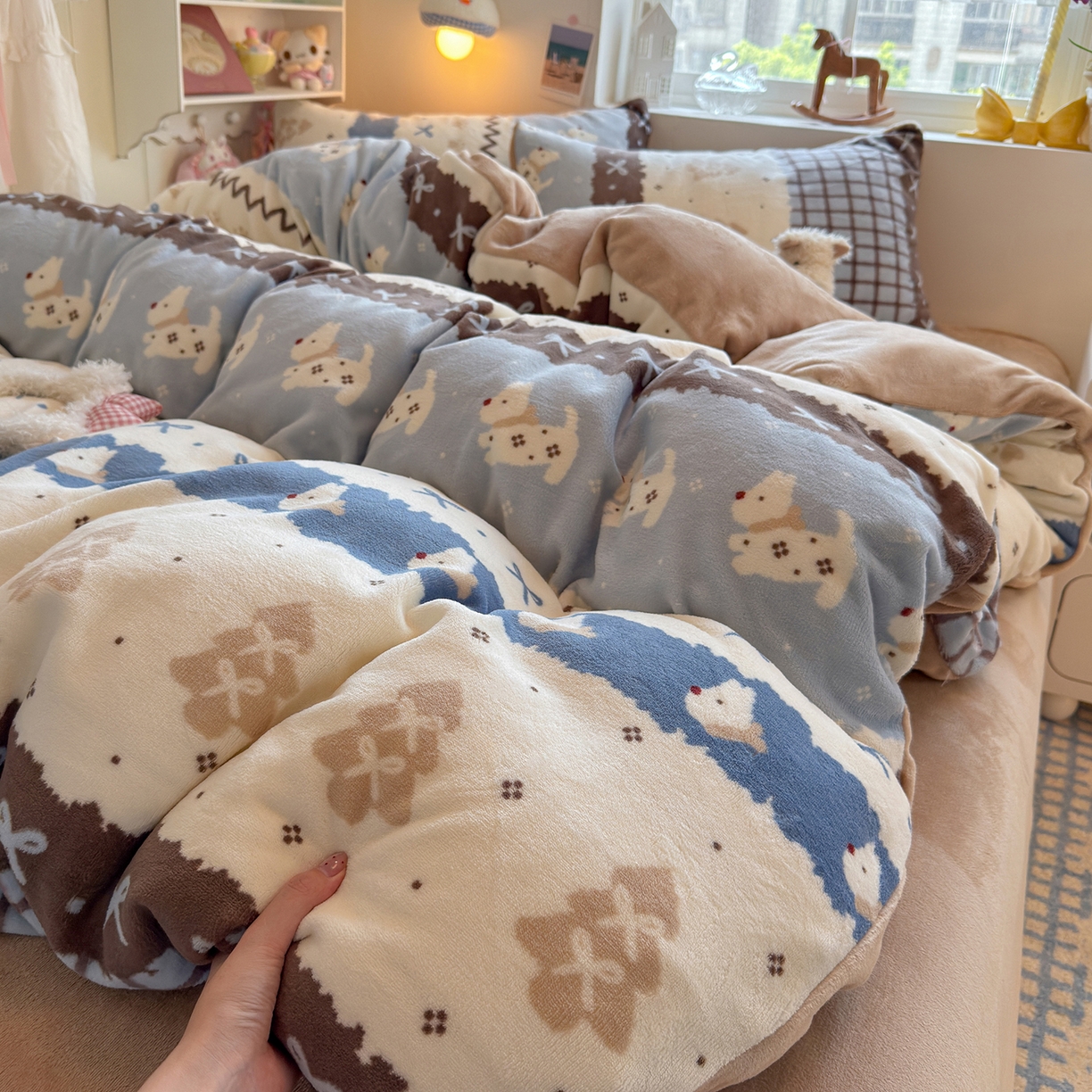 91家纺网 家纺一手货源 找家纺 （总）罗亿家纺 2025新款ins小清新少女奶油卡通可爱加厚200克牛奶绒四件套【3.6公斤】（小红书推荐）