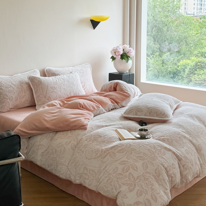 91家纺网 家纺一手货源 找家纺 赛丽雅 2025新款包边雕花烂花牛奶绒四件套 爱意浓